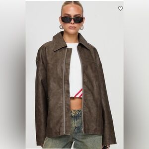 Princess Polly Faux Leather Collared Dad Jacket Washed Brown Size 12 NWT